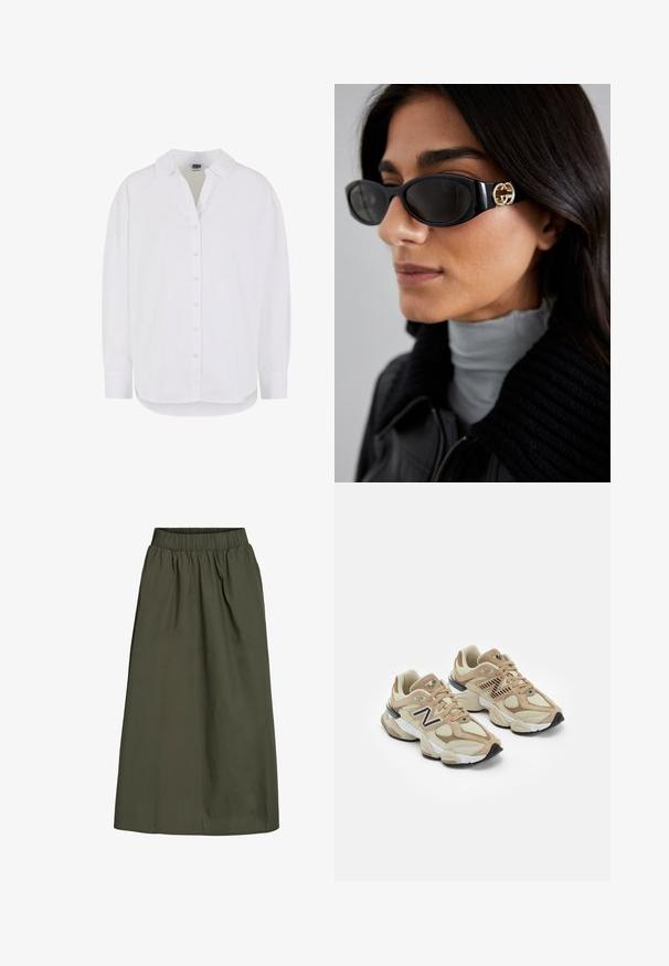 Garā piedurkņu balta krekls, kas izgatavots no kokvilnas, ar pogājamu priekšpusi, klasisku apkakli un noapaļotu apakšmalu, ar brīvu piegriezumu un bez rakstiem.; Olive zaļš, potītes garuma svārki ar savelkamām elastīgām jostām un gludu, nedaudz kroku auduma tekstūru.; Beigās sporta kedas ar acu un zamša materiāliem. Iekļauj melnu logotipu un teksturētus akcentus. Resna balta starppēda un melna gumijas zole.; Melni saulesbrilles ar gludu taisnstūra formu un zelta logo akcentu uz sāna. Tumši objektīvi un spīdīga apdare ir izceltas.; Balta ādas roku soma ar zelta toņu sprādzi, melniem akcentiem, atvienojamu plecu siksnu un strukturētu dizainu ar atloku aizdari.