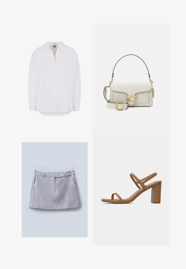 Chemise blanche à manches longues en coton avec un devant à boutons, col classique et ourlet arrondi, présentant une coupe décontractée et sans motifs.; Jupe grise avec une texture lisse, dotée d'une taille plate, de deux poches avant et d'une coupe droite.; Sandales à talons légers marron clair avec deux brides fines et un talon carré. Matériau lisse au design minimaliste et un petit détail de boucle en or.; Sac à main en cuir blanc avec ferrures dorées, doté d'un rabat et d'une bandoulière amovible et réglable. Ornement métallique rond au centre.