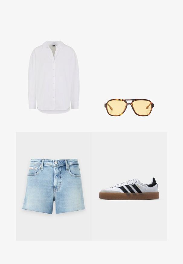 Duga bijela košulja s dugim rukavima od pamuka, s gumbima sprijeda, klasičnim ovratnikom i zaobljenim rubom, s opuštenim krojem i bez uzoraka.; Svijetloplave traper šorceve s uskim strukom, dizajnom s pet džepova i kopčanjem na dugme. Oštećena tekstura s čistim, klasičnim krojem.; Bijele kožne tenisice s crnim prugama, gumenim potplatom, okruglim vrhom, vezivanjem i mekanim sivim nubuk vrhom.; Našminkane sunčane naočale od kornjačevine s geometrijskim dizajnom, žutim staklima i metalnim detaljima na drškama. Širok okvir i mat tekstura.; Bijela kožna torba sa zlatnim kopčama, s preklopnim zatvaranjem i podesivim, odvojivim remenom. Zaobljeni metalni detalj u sredini.