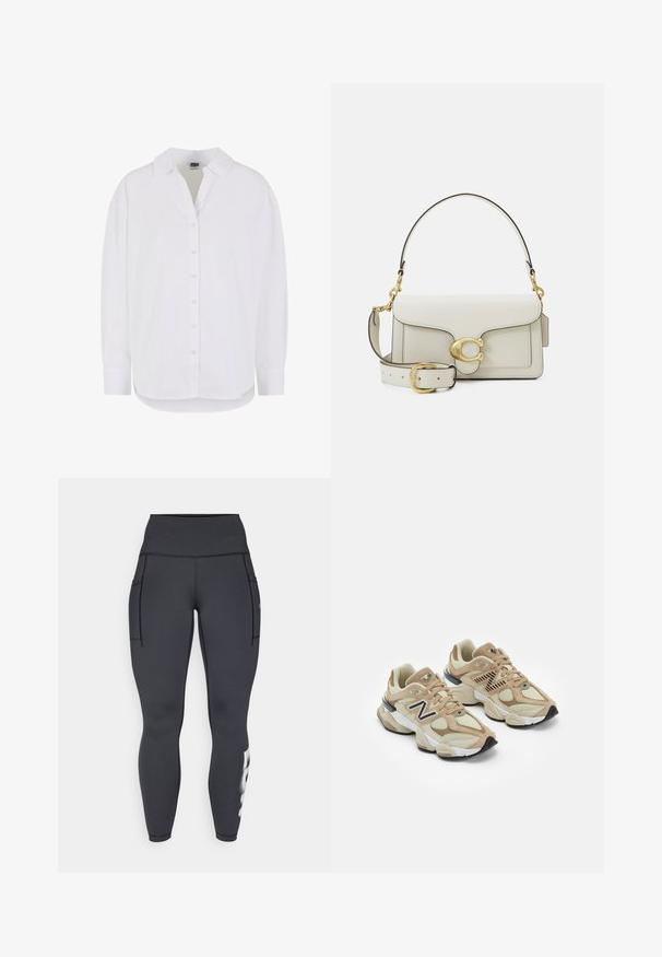 Duga bijela košulja s dugim rukavima od pamuka, s gumbima sprijeda, klasičnim ovratnikom i zaobljenim rubom, s opuštenim krojem i bez uzoraka.; Crne atletske tajice s visokim strukom, s dva bočna džepa i bijelim grafičkim detaljem na donjoj lijevoj nozi. Glatka, rastezljiva tkanina.; Bež tenisice od mrežaste i antilop kože. Imaju crni logo i teksturirane detalje. Debeli bijeli međusloj i crna guma na potplatu.; Bijela kožna torba sa zlatnim kopčama, s preklopnim zatvaranjem i podesivim, odvojivim remenom. Zaobljeni metalni detalj u sredini.