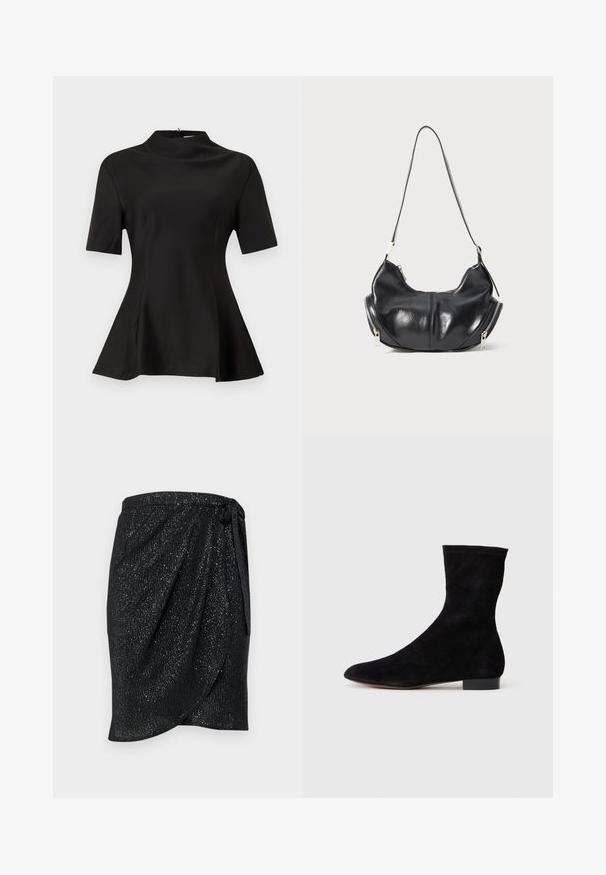 Schwarzes, kurzärmliges Oberteil mit hohem Kragen, aus glattem Stoff. Ausgestellter Saum mitseitlichen Schlitzen. Klare Linien und taillierte Silhouette.; Schwarzer Wickelrock mit strukturiertem, schimmerndem Finish. Verfügt über eine Schleife in der Taille und ein drapiertes Design für eine elegante Silhouette.; Schwarze Wildleder-Ankelboots mit einem enganliegenden Schaft, spitzer Zehenform und niedrigem Blockabsatz. Glatte Textur und minimalistisches Design, geeignet für vielseitige Styles.; Schwarze lederne, mondförmige Schultertasche mit silbernen Reißverschlüssen auf beiden Seiten und einem einzigen Trageriemen.