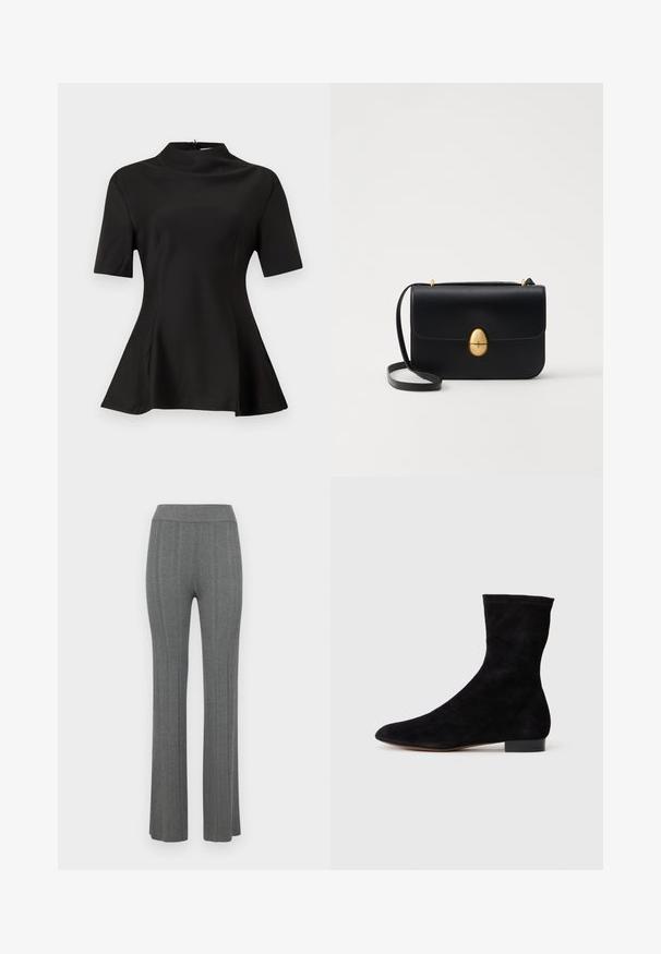 Fekete, rövid ujjú felső, magas nyakkal, sima anyagból készült. Bővülő alj, oldalhasítékokkal. Letisztult vonalak és testhezálló sziluett.; Szürke, bordás anyagú, bővülő nadrág magas derékkal. Texturált kötött anyagból készült, az egész dizájnban függőleges csíkokkal.; Fekete velúr bokacsizma, illeszkedő szárral, hegyes orral és alacsony blokk sarokkal. Simább felület és minimalista dizájn, amely sokoldalú stílushoz megfelelő.; Fekete bőr kézitáska, struktúrált, téglalap alakú formával. Arany ovális kapoccsal és vékony vállpánttal rendelkezik. Sima textúrájú.