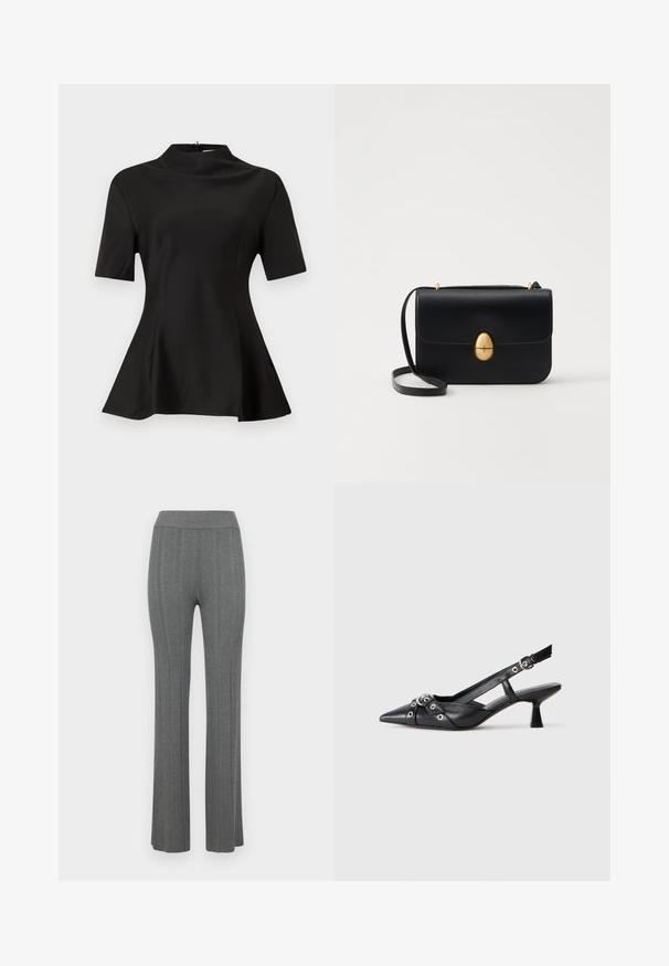 Black short-sleeve top with a high neck, made of smooth fabric. Flared hem with side slits. Clean lines and fitted silhouette.; Gray ribbed flared pants with a high waistband. Made from a textured knit fabric, featuring vertical stripes throughout the design.; Black leather slingback shoe with a pointed toe, decorative straps featuring metal eyelets, and a low block heel. Textured surface.; Black leather handbag with a structured rectangular shape. Features a golden oval clasp and a thin shoulder strap. Smooth texture.
