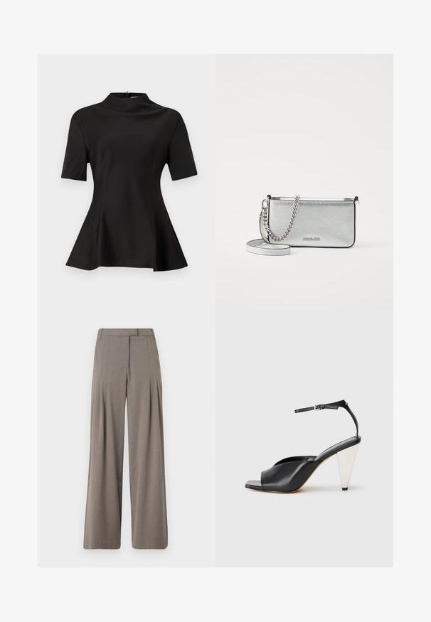 Top nero a maniche corte con collo alto, realizzato in tessuto morbido. Orlo svasato con spacco laterale. Linee pulite e silhouette aderente.; Pantaloni a gamba larga in tessuto marrone chiaro, con pieghe, parte anteriore liscia e orlo pulito. Tessuto morbido con una leggera lucentezza.; Sandal con tacco alto in pelle nera, con punta aperta, design asimmetrico, cinturino alla caviglia e tacco metallico a forma di cono. Texture liscia.; Borsa a tracolla in pelle argentata con finitura texturizzata, dettagli in catena e tracolla, e chiusura con zip. Presenta un logo sul davanti.