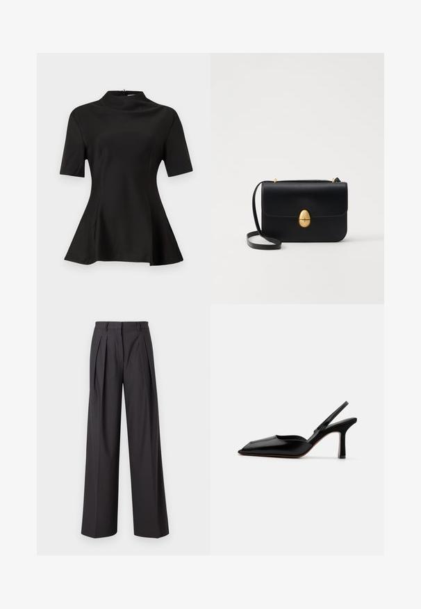 Melna īsām piedurknēm augsta kakla blūze, izgatavota no gludas auduma. Platas apakšmalas ar sānu šķēlumiem. Tīras līnijas un pieguļoša siluets.; Šauri bikses tumši pelēkā audumā, ar priekšējiem krokām, gludu tekstūru, vidēju augstumu un jostu cilpiņām.; Melnas ādas slingback kurpes ar norādītu purngalu, minimālisma dizainu, plānu potītes jostu un elegantām stiletto papēžiem. Gluda tekstūra.; Melnas ādas rokassomu ar strukturētu taisnstūra formu. Iespējas zelta ovāla slēdzis un plāns plecu siksna. Gluda tekstūra.