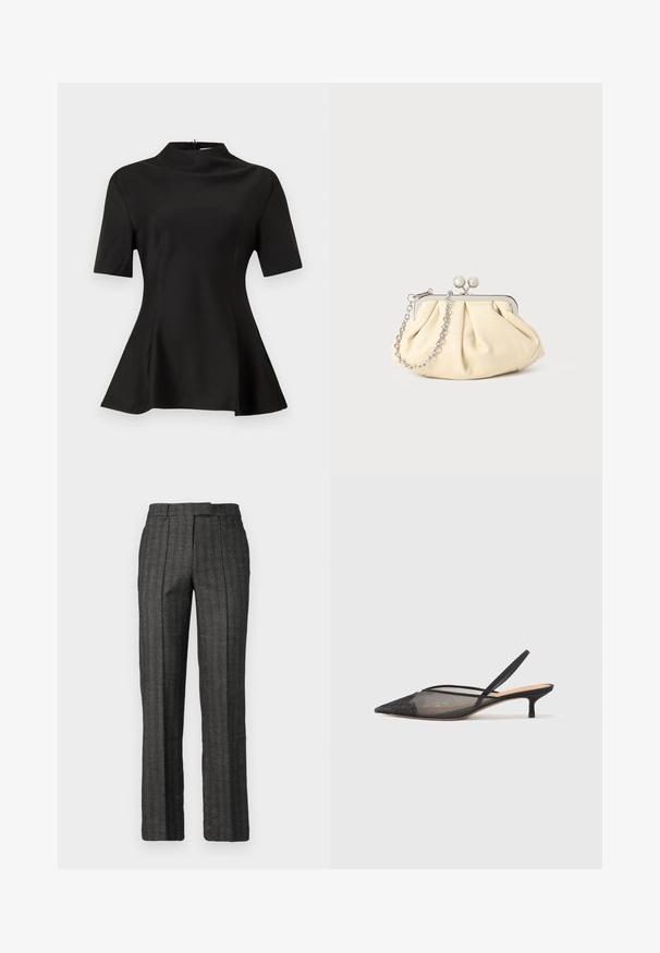 Haut noir à manches courtes avec un col montant, en tissu lisse. Ourlet évasé avec fentes latérales. Lignes épurées et silhouette ajustée.; Pantalons gris ajustés avec des rayures verticales, taille plate et passants de ceinture ; fabriqués en tissu texturé, avec une coupe droite.; NEOUS IRENA - Escarpins - black; Pochette en cuir beige plissé avec un cadre en métal argenté, dotée de deux fermoirs ronds décoratifs et d'une chaîne en argent.