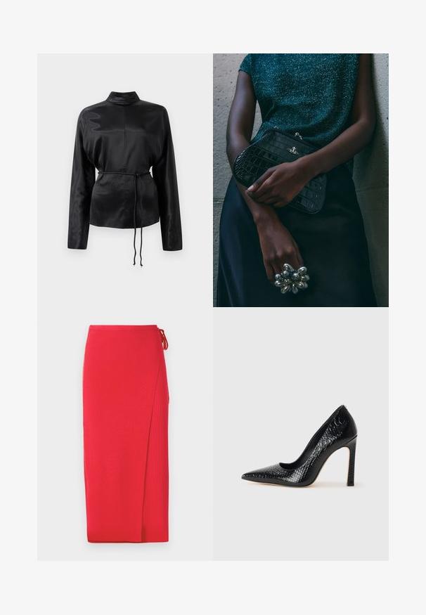 Fekete selyem hosszú ujjú ing magas gallérral, megkötött derékkal és állítható zsinóros részletekkel. Simaság jellemzi, elegáns kivitelezéssel.; Piros bordázott kötött midi szoknya oldalsó hasítékkal, derekán megkötő résszel. Sima textúra, testhez simuló sziluettel.; Fekete hegyes orrú magassarkú cipő krokodilbőr textúrával, letisztult dizájnnal, magas tűsarkú és sima fekete belső résszel.; Fekete krokodilbőr mintázatú válltáska ezüst hardware-rel, egy texturált szürke háttér előtt tartva. Fényes felülettel rendelkezik.