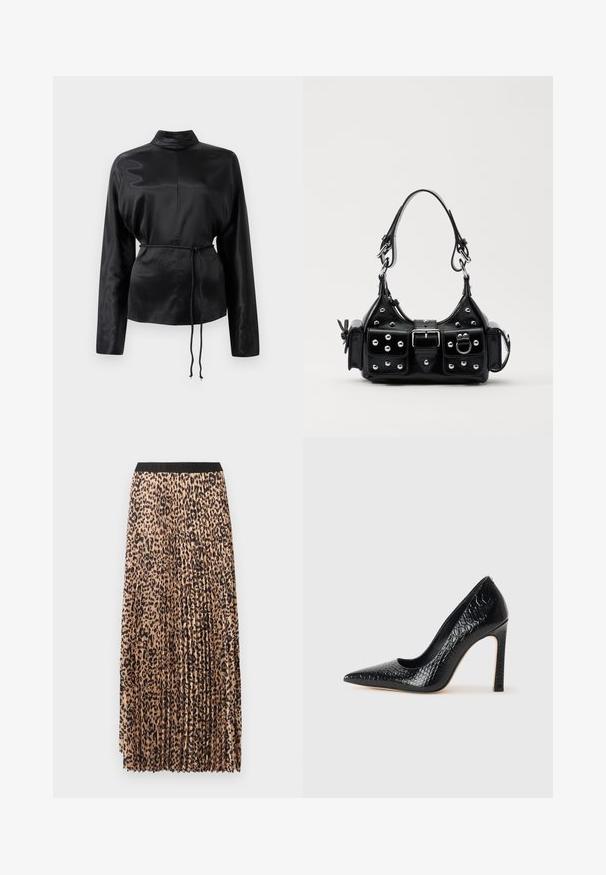 Musta satiininen pitkähihainen paita, jossa on korkea kaulus, kireä vyötärö ja säädettävä nyöriyksityiskohta. Sileä rakenne kiiltävällä pinnalla.; Pituus maxihame beige väriin mustalla leopardikuvioinnilla, jossa on musta joustava vyötärö ja kevyestä, teksturoidusta kankaasta valmistettu.; Musta kapea nilkkakorkokenkä krokotiilin nahkakuviolla, joka on varustettu tyylikkäällä muotoilulla, korkealla stiletto-korkealla ja sileällä mustalla sisäosalla.; Musta nahkainen käsilaukku, jossa on kaareva muotoilu, hopeiset niitit, solki ja kaksi sivutaskua. Säädettävä olkahihna erilaisiin kantovaihtoehtoihin.