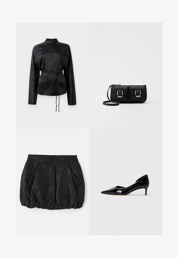 Schwarzes Satin-Hemd mit langen Ärmeln, hohem Kragen, tailliertem Schnitt und verstellbarem Kordelzug. Glatte Textur mit elegantem Finish.; Schwarzer Lederrock mit geprägtem Blumenmuster, gerafften Falten und einem glatten Taillenbund. Verfügt über einen verdeckten Reißverschluss auf der Rückseite.; Schwarze Lackleder-Damenschuhe mit spitzem Zeh und niedrigem Absatz, im Profil auf einem schlichten hellgrauen Hintergrund dargestellt.; Schwarze Leder-Umhängetasche mit zwei vorderen Taschen, goldenen Schnallen, Reißverschluss und einem schmalen Tragegurt. Texturierte Oberfläche und kompakte rechteckige Form.