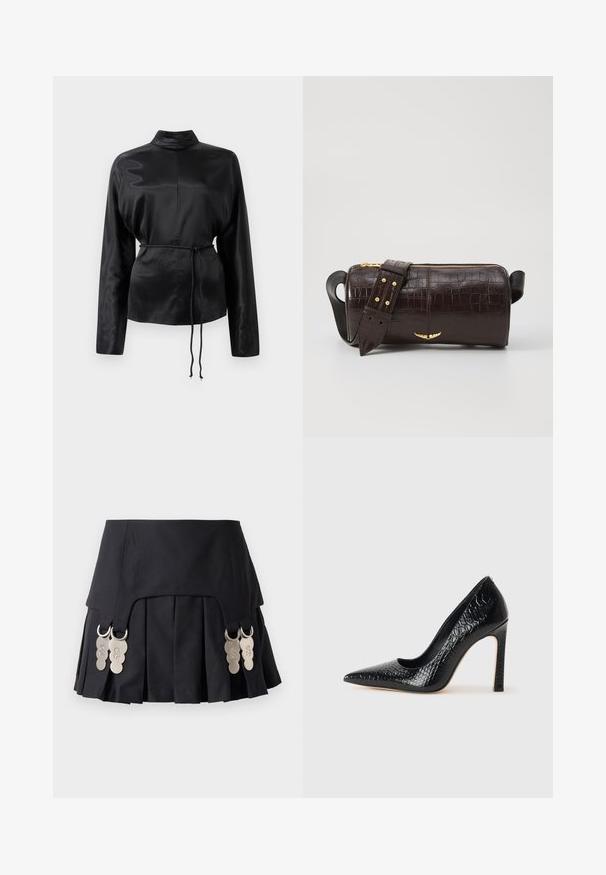 Musta satiininen pitkähihainen paita, jossa on korkea kaulus, kireä vyötärö ja säädettävä nyöriyksityiskohta. Sileä rakenne kiiltävällä pinnalla.; Mustavärinen pleated-hame, jossa on metalliset yksityiskohdat sivuilla, valmistettu rakenteellisesta kankaasta, jossa on sileä pinta ja selkeä muotoilu.; Musta kapea nilkkakorkokenkä krokotiilin nahkakuviolla, joka on varustettu tyylikkäällä muotoilulla, korkealla stiletto-korkealla ja sileällä mustalla sisäosalla.; Ruskea krokotiilinkuosilla varustettu nahkalaukku, jossa on sylinterimäinen muoto, kultasävyiset yksityiskohdat ja irrotettava hihna, jossa on niittejä.