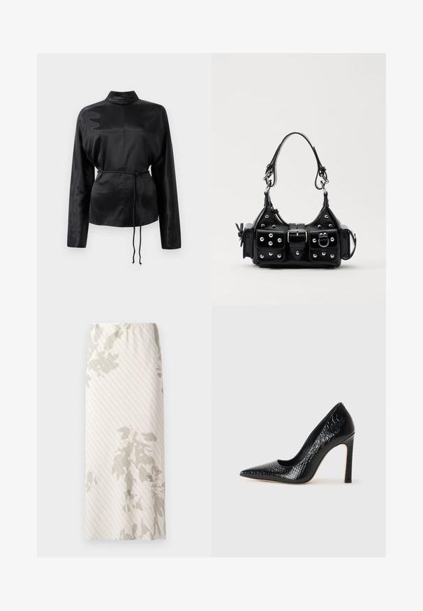 Zwarte satijnen blouse met lange mouwen en een hoge kraag, cinched taille en verstelbaar koorddetail. Glad textuur met een slanke afwerking.; Witte rok met een smal streepjespatroon en lichtgrijze bloemmotieven. Elastische tailleband voor een comfortabele fit.; Zwarte puntige hoge hak schoen met een krokodillenleren textuur, met een slank ontwerp, hoge stiletto-hak, en een gladde zwarte binnenkant.; Zwarte lederen handtas met een gebogen ontwerp, voorzien van zilveren studs, een gesp en twee zijvakken. Verstelbare schouderband voor verschillende draagmogelijkheden.