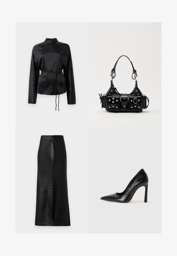 Zwarte satijnen blouse met lange mouwen en een hoge kraag, cinched taille en verstelbaar koorddetail. Glad textuur met een slanke afwerking.; Zwarte leren rok met een rechte silhouet, voorzien van een split aan de achterkant, een gladde textuur en zichtbare naden.; Zwarte puntige hoge hak schoen met een krokodillenleren textuur, met een slank ontwerp, hoge stiletto-hak, en een gladde zwarte binnenkant.; Zwarte lederen handtas met een gebogen ontwerp, voorzien van zilveren studs, een gesp en twee zijvakken. Verstelbare schouderband voor verschillende draagmogelijkheden.