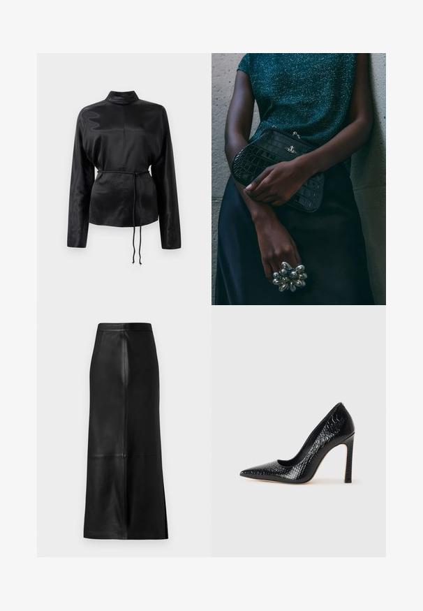 Cămașă lungă cu mânecă lungă din satin negru, cu guler înalt, talie strânsă și detaliu cu șnur reglabil. Textură netedă cu un finisaj elegant.; Fustă din piele neagră cu o siluetă dreaptă, având o despicătură la spate, textură netedă și detalii de cusătură vizibile.; Pantofii cu toc înalt, ascuțiți, de culoare neagră, cu textură de piele de crocodil, având un design elegant, toc în stil stiletto și interior neted de culoare neagră.; Geantă de umăr de tip clutch, cu model de crocodil negru și detalii din metal argintiu, sprijinită pe un fundal texturat gri. Prezintă o suprafață lucioasă.