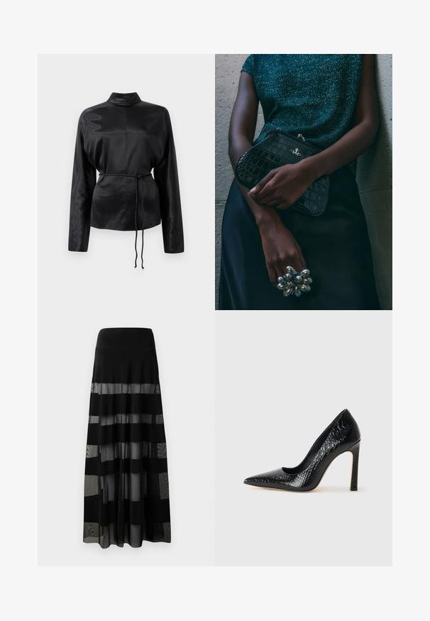 Fekete selyem hosszú ujjú ing magas gallérral, megkötött derékkal és állítható zsinóros részletekkel. Simaság jellemzi, elegáns kivitelezéssel.; Fekete maxi szoknya, fitted derekú, áttetsző panelek és átlátszatlan csíkokkal. Könnyű anyag, sima textúrával.; Fekete hegyes orrú magassarkú cipő krokodilbőr textúrával, letisztult dizájnnal, magas tűsarkú és sima fekete belső résszel.; Fekete krokodilbőr mintázatú válltáska ezüst hardware-rel, egy texturált szürke háttér előtt tartva. Fényes felülettel rendelkezik.