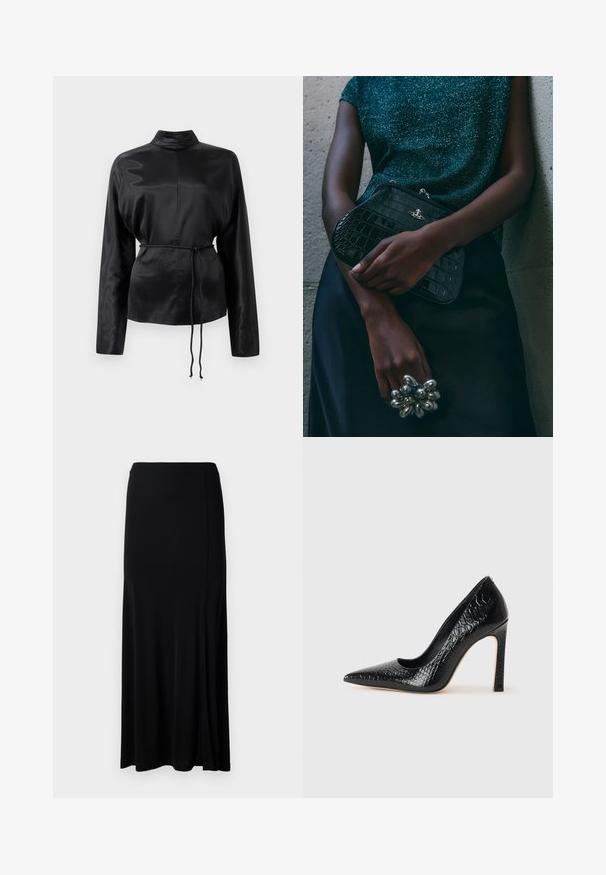 Camisa negra de satén de manga larga con cuello alto, cintura ceñida y detalle de cordón ajustable. Textura suave con un acabado elegante.; Falda maxi negra hecha de una tela suave, con una abertura lateral, cinturilla elástica y un corte recto para un diseño minimalista.; Zapato de tacón alto negro con punta afilada y textura de piel de cocodrilo, que presenta un diseño elegante, un alto tacón de aguja y un interior negro suave.; Bolso de mano negro con estampado de cocodrilo y herrajes plateados, sostenido frente a un fondo gris texturizado. Presenta una superficie brillante.