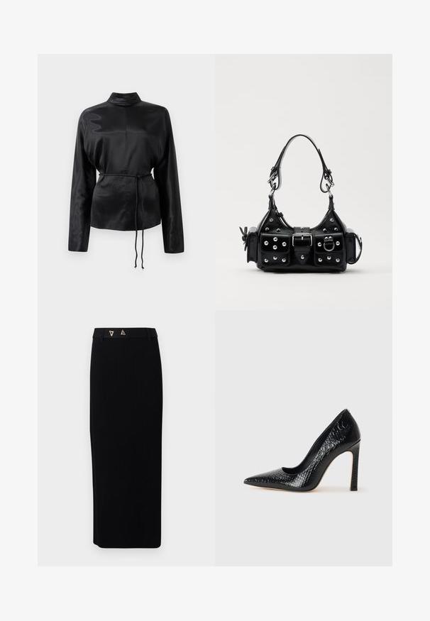Čierna saténová košeľa s dlhým rukávom, vysokým golierom, zúženým pásom a nastaviteľným šnurovaním. Hladká textura s elegantným povrchom.; AERON FORUM - Puzdrová sukňa - black; Čierna lodička s špicatou špičkou a lakovanou textúrou krokodíla, s elegantným dizajnom, vysokým stiletto podpätkom a hladkým čiernym interiérom.; Čierna kožená kabelka s zakriveným dizajnom, doplnená striebornými cvočkami, prackou a dvoma bočnými vreckami. Nastaviteľný popruh poskytuje rôzne možnosti nosenia.