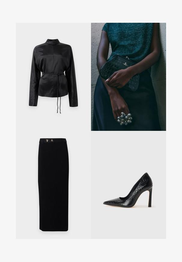 Melnas satīna krekls ar garām piedurknēm, augstu apkakli, pieguļošu vidukli un regulējamu saiti. Gluda tekstūra ar elegantu apdari.; AERON FORUM  - Zīmuļsvārki - black; Melni augstpapēžu apavi ar norādītu purngalu, ar krokodila ādas tekstūru, izceļoties ar elegantu dizainu, augstu stiletto papēdi un gludu melnu interjeru.; Melna krokodilā ādas raksta rokassoma ar sudraba detaļām, turēta pretī tekstūrētai pelēkai fona. Iespējo spīdīgu virsmu.