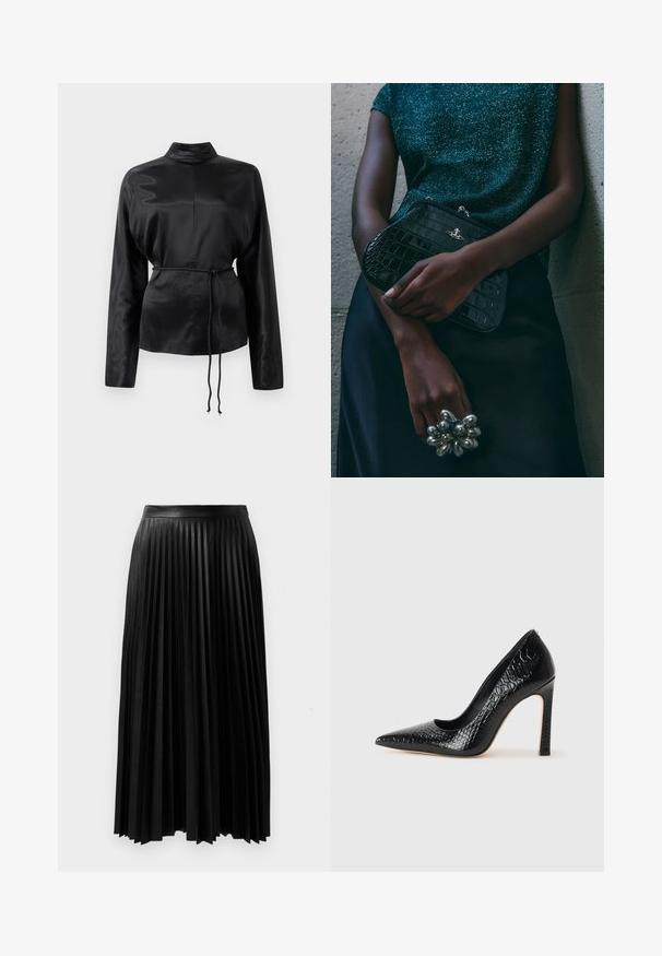 Musta satiininen pitkähihainen paita, jossa on korkea kaulus, kireä vyötärö ja säädettävä nyöriyksityiskohta. Sileä rakenne kiiltävällä pinnalla.; Mustat poimutetut hameet, jotka on valmistettu rakenteellisesta materiaalista, jossa on tiukka vyötärö ja pitkät, virtaavat poimut, jotka ulottuvat puoliväliin säärtä.; Musta kapea nilkkakorkokenkä krokotiilin nahkakuviolla, joka on varustettu tyylikkäällä muotoilulla, korkealla stiletto-korkealla ja sileällä mustalla sisäosalla.; Musta krokotiilihäntäinen penaali, jossa on hopeiset yksityiskohdat, pidetään teksturoitua harmaata taustaa vasten. Pintamateriaali kiiltävä.