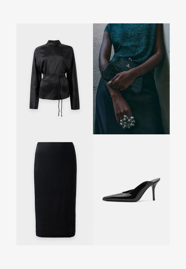 Melnas satīna krekls ar garām piedurknēm, augstu apkakli, pieguļošu vidukli un regulējamu saiti. Gluda tekstūra ar elegantu apdari.; Melnas zīda svārku, kas izgatavoti no gludas auduma, ar šauru piegriezumu, līdz ceļgaliem, un vienkāršu apdari bez redzamām rakstām vai akcents.; Melnas patentētas ādas augstpapēžu muļlas ar smailu purngalu un gludu siluetu, ar atvērtu aizmuguri un slaidu stiletto papēdi.; Melna krokodilā ādas raksta rokassoma ar sudraba detaļām, turēta pretī tekstūrētai pelēkai fona. Iespējo spīdīgu virsmu.