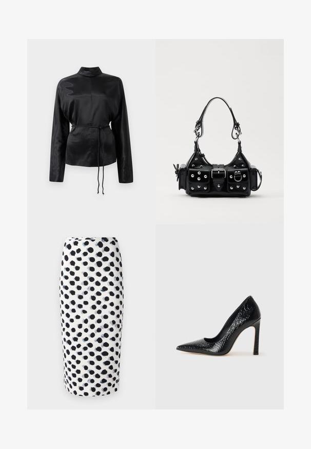 Melnas satīna krekls ar garām piedurknēm, augstu apkakli, pieguļošu vidukli un regulējamu saiti. Gluda tekstūra ar elegantu apdari.; Balta zīmuļa svārki ar melnu punktu rakstu un zilo toņu akcentiem. Gluda tekstūra un pieguļoša forma.; Melni augstpapēžu apavi ar norādītu purngalu, ar krokodila ādas tekstūru, izceļoties ar elegantu dizainu, augstu stiletto papēdi un gludu melnu interjeru.; Melnas ādas rokturmais ar izliekumu, ar sudraba iedurtiem, sprādzi un divām sānu kabatām. Regulējams siksniņas garums dažādām nēsāšanas iespējām.