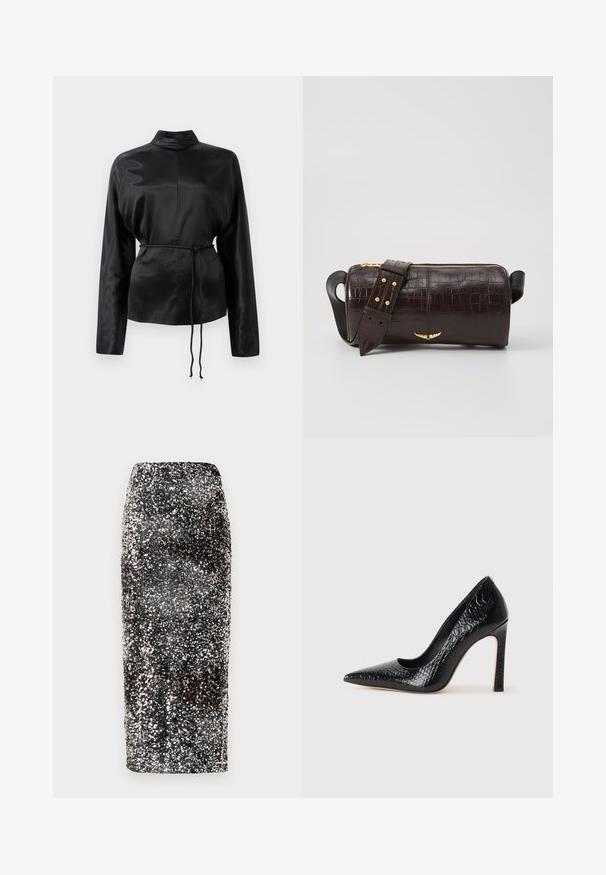 Chemise longue à manches longues en satin noir avec un col haut, taille cintrée et détail de cordon de serrage ajustable. Texture lisse avec une finition élégante.; Jupe crayon à sequins avec un design élégant et ajusté. Présente des sequins noirs et argentés qui créent un effet scintillant.; Escarpin noir à bout pointu avec texture en cuir de crocodile, présentant un design élégant, un haut talon aiguille et un intérieur noir lisse.; Sac en cuir embossé crocodile marron avec une forme cylindrique, quincaillerie dorée et une bandoulière détachable ornée de clous.