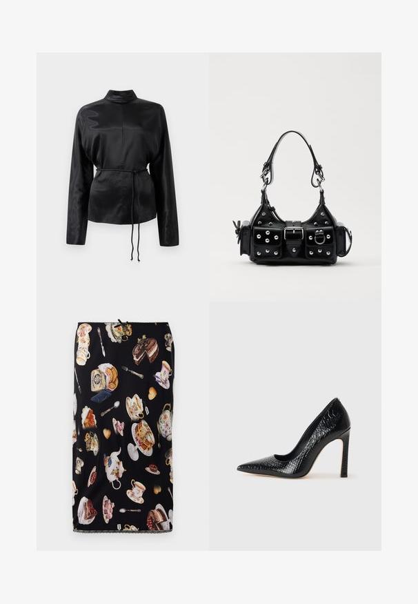 Černá saténová košile s dlouhým rukávem a vysokým límečkem, nařaseným pasem a nastavitelným šňůrkovým detailem. Hladká textura s elegantním povrchem.; Černá sukně s vzorem šálků s čajem, dortů a pečiva, s podrobnými ilustracemi a zdobeným krajkovým lemem.; Černý lodičkový bot s špičatou špičkou, pokrytý texturou krokodýlí kůže, s elegantním designem, vysokým stiletto podpatkem a hladkým černým interiérem.; Černá kožená kabelka s křivkovým designem, zdobená stříbrnými hřebíky, s přezkou a dvěma bočními kapsami. Nastavitelný popruh pro různé možnosti nošení.