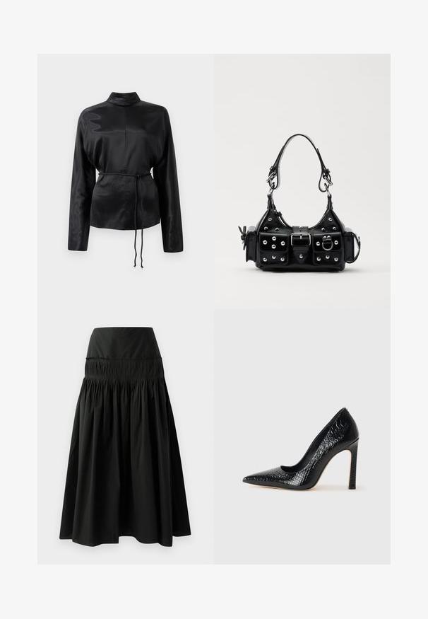Black satin long-sleeve shirt with a high collar, cinched waist, and adjustable drawstring detail. Smooth texture with a sleek finish.; Black knee-length skirt made of smooth fabric, featuring a fitted waistband and gathered design for fullness.; Black pointed-toe high heel shoe with a crocodile-skin texture, featuring a sleek design, high stiletto heel, and smooth black interior.; Black leather handbag with a curved design, featuring silver studs, a buckle, and two side pockets. Adjustable strap for carrying options.