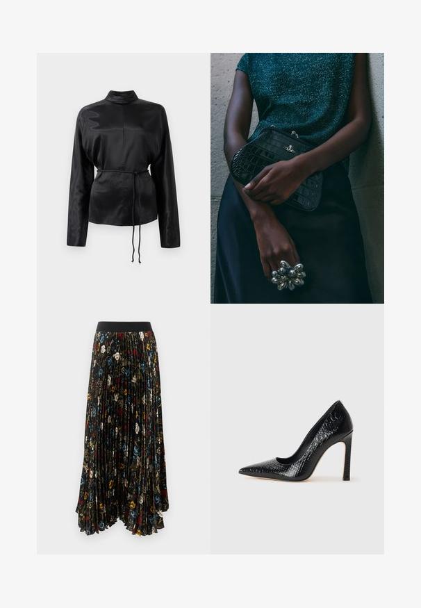 Chemise longue à manches longues en satin noir avec un col haut, taille cintrée et détail de cordon de serrage ajustable. Texture lisse avec une finition élégante.; Jupe maxi plissée en tissu noir avec un motif floral en rouge, bleu et blanc, dotée d'une taille élastique noire unie.; Escarpin noir à bout pointu avec texture en cuir de crocodile, présentant un design élégant, un haut talon aiguille et un intérieur noir lisse.; Sac à main en cuir noir à motif crocodile avec des finitions en métal argenté, posé sur un fond texturé gris. Présente une surface brillante.