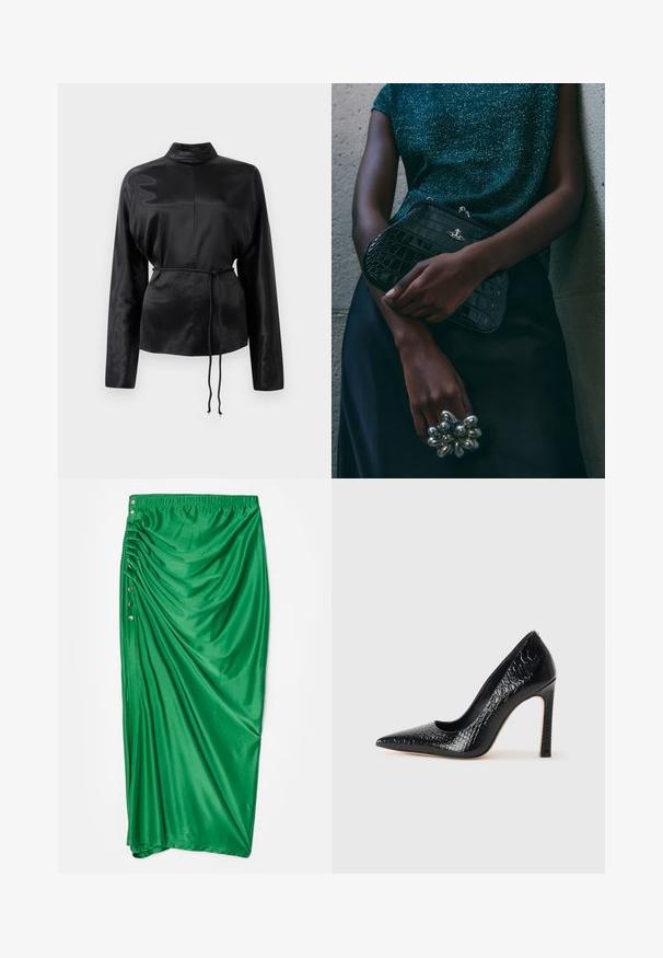 Černá saténová košile s dlouhým rukávem a vysokým límečkem, nařaseným pasem a nastavitelným šňůrkovým detailem. Hladká textura s elegantním povrchem.; Zelená saténová maxi sukně se shromážděným designem, s pěti dekorativními stříbrnými knoflíky po straně a elastickým pasem.; Černý lodičkový bot s špičatou špičkou, pokrytý texturou krokodýlí kůže, s elegantním designem, vysokým stiletto podpatkem a hladkým černým interiérem.; Černá kabelka ve tvaru psaníčka s krokodýlím vzorem a stříbrným kováním, držena proti texturovanému šedému pozadí. Vyznačuje se lesklým povrchem.