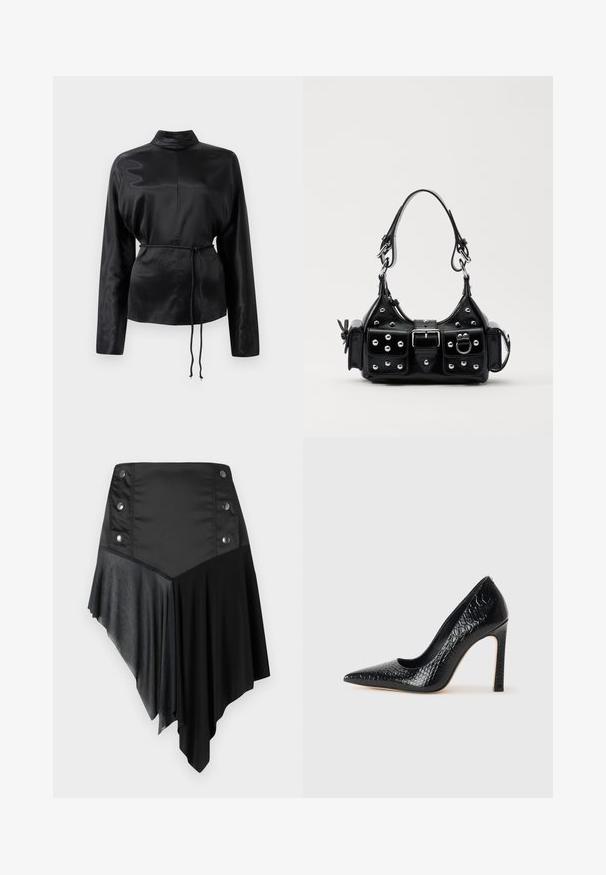 Black satin long-sleeve shirt with a high collar, cinched waist, and adjustable drawstring detail. Smooth texture with a sleek finish.; Black asymmetrical skirt featuring a mix of matte and textured fabrics, with silver button details on the waist and a layered hem design.; Black pointed-toe high heel shoe with a crocodile-skin texture, featuring a sleek design, high stiletto heel, and smooth black interior.; Black leather handbag with a curved design, featuring silver studs, a buckle, and two side pockets. Adjustable strap for carrying options.