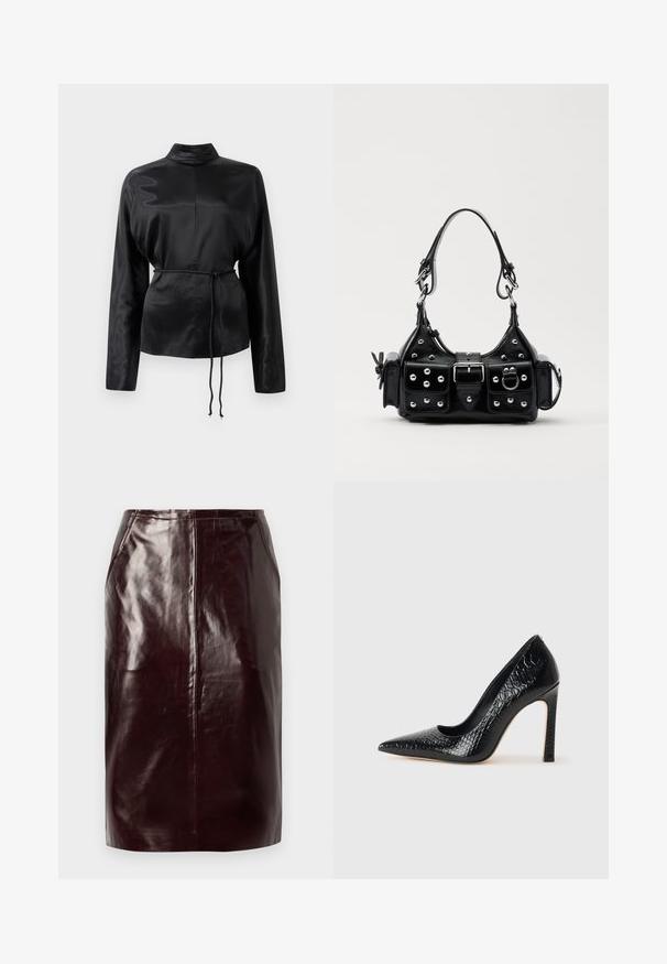 Chemise longue à manches longues en satin noir avec un col haut, taille cintrée et détail de cordon de serrage ajustable. Texture lisse avec une finition élégante.; Jupe crayon en simili cuir bordeaux foncé avec une texture lisse, taille haute et un subtil détail de couture centrale.; Escarpin noir à bout pointu avec texture en cuir de crocodile, présentant un design élégant, un haut talon aiguille et un intérieur noir lisse.; Sac à main en cuir noir au design courbé, avec des clous en argent, une boucle et deux poches latérales. Bandoulière réglable pour différentes options de transport.