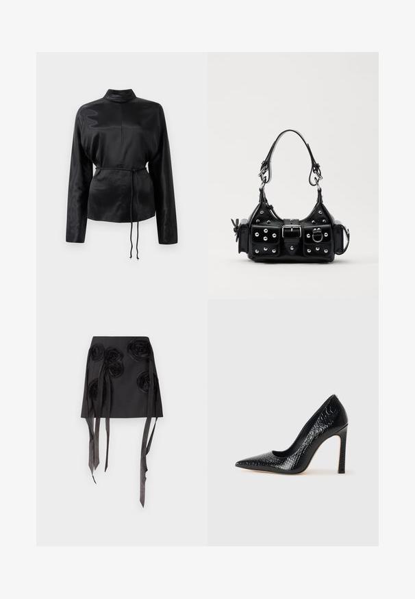 Fekete selyem hosszú ujjú ing magas gallérral, megkötött derékkal és állítható zsinóros részletekkel. Simaság jellemzi, elegáns kivitelezéssel.; Fekete szoknya, háromdimenziós virágmintákkal, hosszú, selymes szalagokkal. Anyaga sima textúrájú és strukturált kialakítású.; Fekete hegyes orrú magassarkú cipő krokodilbőr textúrával, letisztult dizájnnal, magas tűsarkú és sima fekete belső résszel.; Fekete bőr kézitáska ívelt designnal, ezüst szegecsekkel, csattal és két oldalsó zsebbel. Állítható vállpánt a hordozási lehetőségekhez.