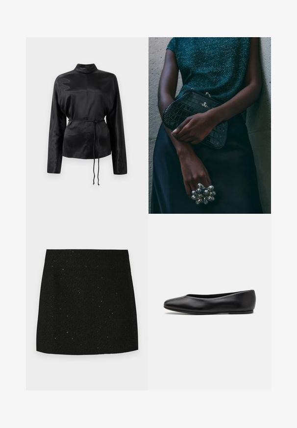Chemise longue à manches longues en satin noir avec un col haut, taille cintrée et détail de cordon de serrage ajustable. Texture lisse avec une finition élégante.; Mini-jupe noire texturée avec de subtiles paillettes brillantes, coupe droite, sans embellissements ni motifs visibles.; Paul Smith TOPANGA - Ballerines - black; Sac à main en cuir noir à motif crocodile avec des finitions en métal argenté, posé sur un fond texturé gris. Présente une surface brillante.