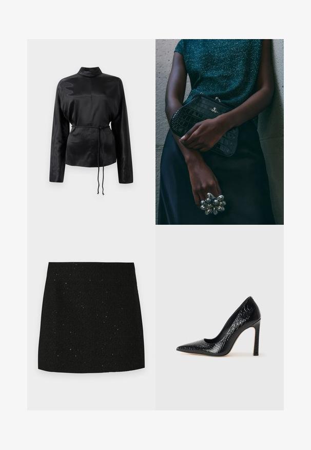 Chemise longue à manches longues en satin noir avec un col haut, taille cintrée et détail de cordon de serrage ajustable. Texture lisse avec une finition élégante.; Mini-jupe noire texturée avec de subtiles paillettes brillantes, coupe droite, sans embellissements ni motifs visibles.; Escarpin noir à bout pointu avec texture en cuir de crocodile, présentant un design élégant, un haut talon aiguille et un intérieur noir lisse.; Sac à main en cuir noir à motif crocodile avec des finitions en métal argenté, posé sur un fond texturé gris. Présente une surface brillante.