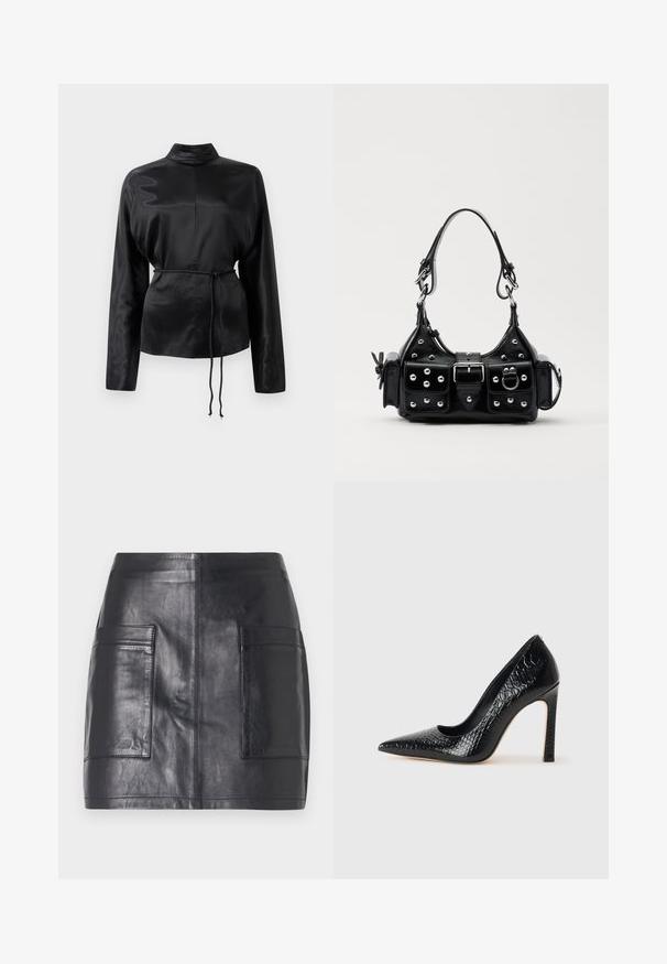 Black satin long-sleeve shirt with a high collar, cinched waist, and adjustable drawstring detail. Smooth texture with a sleek finish.; Black leather mini skirt featuring two side pockets, smooth texture, fitted design, and clean lines without additional embellishments.; Black pointed-toe high heel shoe with a crocodile-skin texture, featuring a sleek design, high stiletto heel, and smooth black interior.; Black leather handbag with a curved design, featuring silver studs, a buckle, and two side pockets. Adjustable strap for carrying options.