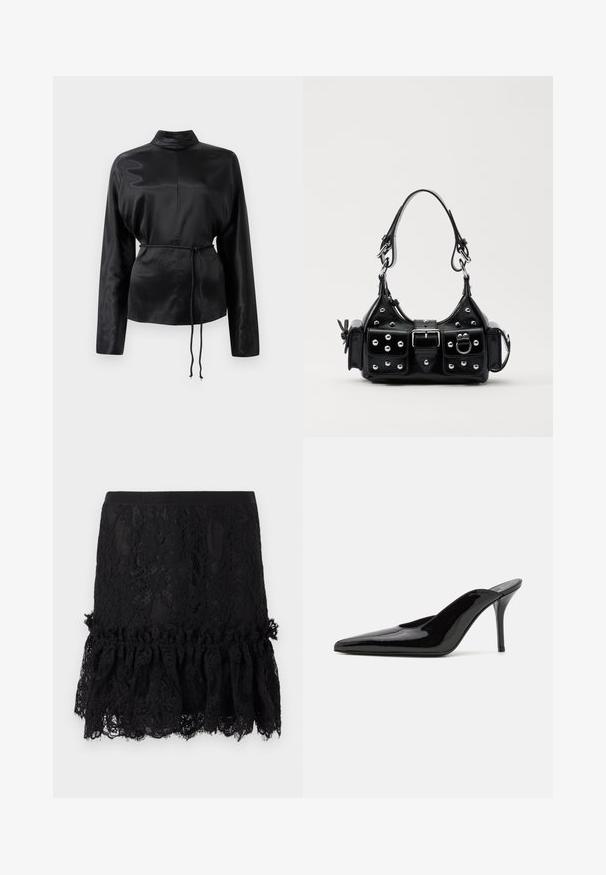 Chemise longue à manches longues en satin noir avec un col haut, taille cintrée et détail de cordon de serrage ajustable. Texture lisse avec une finition élégante.; Jupe en dentelle noire avec un haut structuré, présentant un ourlet en dentelle volant. Le tissu exhibe des motifs floraux et une taille lisse.; Mule en cuir verni noir à talon haut avec un bout pointu et une silhouette épurée, doté d'un dos ouvert et d'un talon aigu slender.; Sac à main en cuir noir au design courbé, avec des clous en argent, une boucle et deux poches latérales. Bandoulière réglable pour différentes options de transport.