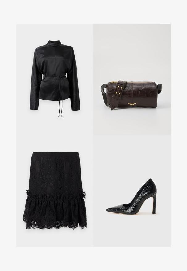 Fekete selyem hosszú ujjú ing magas gallérral, megkötött derékkal és állítható zsinóros részletekkel. Simaság jellemzi, elegáns kivitelezéssel.; Fekete csipkés szoknya struktúrált felsőrésszel, fodros csipkás szegéllyel. Az anyag virágmintákkal és sima derékpánttal rendelkezik.; Fekete hegyes orrú magassarkú cipő krokodilbőr textúrával, letisztult dizájnnal, magas tűsarkú és sima fekete belső résszel.; Barna krokodilbőr hatású bőr táska henger alakú, arany tónusú fémveretekkel és lecsatolható, szegecsekkel díszített pánttal.