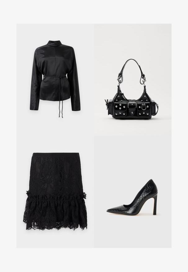Black satin long-sleeve shirt with a high collar, cinched waist, and adjustable drawstring detail. Smooth texture with a sleek finish.; Black lace skirt with a structured top, featuring a ruffled lace hem. The fabric exhibits floral patterns and a smooth waistband.; Black pointed-toe high heel shoe with a crocodile-skin texture, featuring a sleek design, high stiletto heel, and smooth black interior.; Black leather handbag with a curved design, featuring silver studs, a buckle, and two side pockets. Adjustable strap for carrying options.