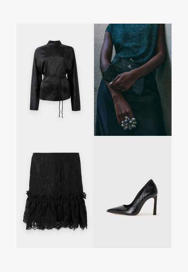 Čierna saténová košeľa s dlhým rukávom, vysokým golierom, zúženým pásom a nastaviteľným šnurovaním. Hladká textura s elegantným povrchom.; Čierna čipková sukňa so štruktúrovaným topom, zdobená volánovým čipkovým lemom. Tkanina obsahuje kvetinové vzory a hladký pás.; Čierna lodička s špicatou špičkou a lakovanou textúrou krokodíla, s elegantným dizajnom, vysokým stiletto podpätkom a hladkým čiernym interiérom.; Čierna clutch kabelka s krokodílovým vzorom a striebornými kovovými prvkami, držaná proti textúrovanému sivému pozadiu. Má lesklý povrch.