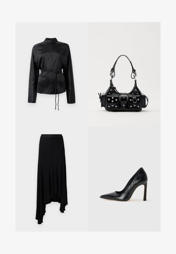 Fekete selyem hosszú ujjú ing magas gallérral, megkötött derékkal és állítható zsinóros részletekkel. Simaság jellemzi, elegáns kivitelezéssel.; Fekete aszimmetrikus szoknya hullámos szegéllyel, puha, rugalmas anyagból készült, széles derékpánttal, amelyen domború logó található.; Fekete hegyes orrú magassarkú cipő krokodilbőr textúrával, letisztult dizájnnal, magas tűsarkú és sima fekete belső résszel.; Fekete bőr kézitáska ívelt designnal, ezüst szegecsekkel, csattal és két oldalsó zsebbel. Állítható vállpánt a hordozási lehetőségekhez.