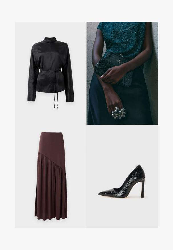 Juodas satino ilgomis rankovėmis marškiniai su aukštu apykakle, susiaurinta juosmens dalimi ir reguliuojamo raiščio detalėmis. Lygus paviršius su blizgiu apdaila.; Ruda maksi sijonas, pagamintas iš minkštos medžiagos. Turi prigludusį juosmenį ir asimetrinį dizainą su surinkimo detalėmis viename šone.; Juoda smailiakulnė aukšto kulno bateliai su krokodilo odos tekstūra, pasižymintys elegantišku dizainu, aukštu stiletu kulnu ir lygia juoda vidine dalimi.; Juodas krokodilo odos rašto vakarėlis su sidabriniais aksesuarais, laikomas prieš tekstūruotą pilką foną. Pasižymi blizgiu paviršiumi.