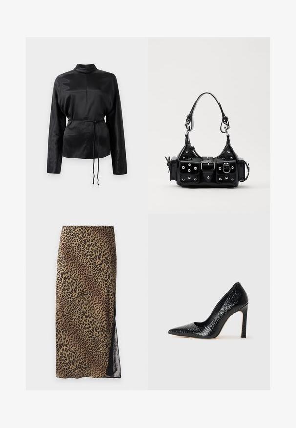 Musta satiininen pitkähihainen paita, jossa on korkea kaulus, kireä vyötärö ja säädettävä nyöriyksityiskohta. Sileä rakenne kiiltävällä pinnalla.; Midi-hame leopardikuosis, jossa on vartalonmyötäinen siluetti, läpinäkyvät pitsisivupaneelit ja sileä kangastalja maanläheisissä sävyissä.; Musta kapea nilkkakorkokenkä krokotiilin nahkakuviolla, joka on varustettu tyylikkäällä muotoilulla, korkealla stiletto-korkealla ja sileällä mustalla sisäosalla.; Musta nahkainen käsilaukku, jossa on kaareva muotoilu, hopeiset niitit, solki ja kaksi sivutaskua. Säädettävä olkahihna erilaisiin kantovaihtoehtoihin.