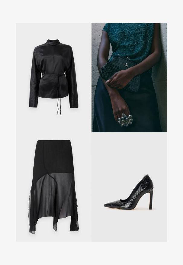 Čierna saténová košeľa s dlhým rukávom, vysokým golierom, zúženým pásom a nastaviteľným šnurovaním. Hladká textura s elegantným povrchom.; AVAVAV DRAPED SKIRT - sukňa v tvare A - black; Čierna lodička s špicatou špičkou a lakovanou textúrou krokodíla, s elegantným dizajnom, vysokým stiletto podpätkom a hladkým čiernym interiérom.; Čierna clutch kabelka s krokodílovým vzorom a striebornými kovovými prvkami, držaná proti textúrovanému sivému pozadiu. Má lesklý povrch.
