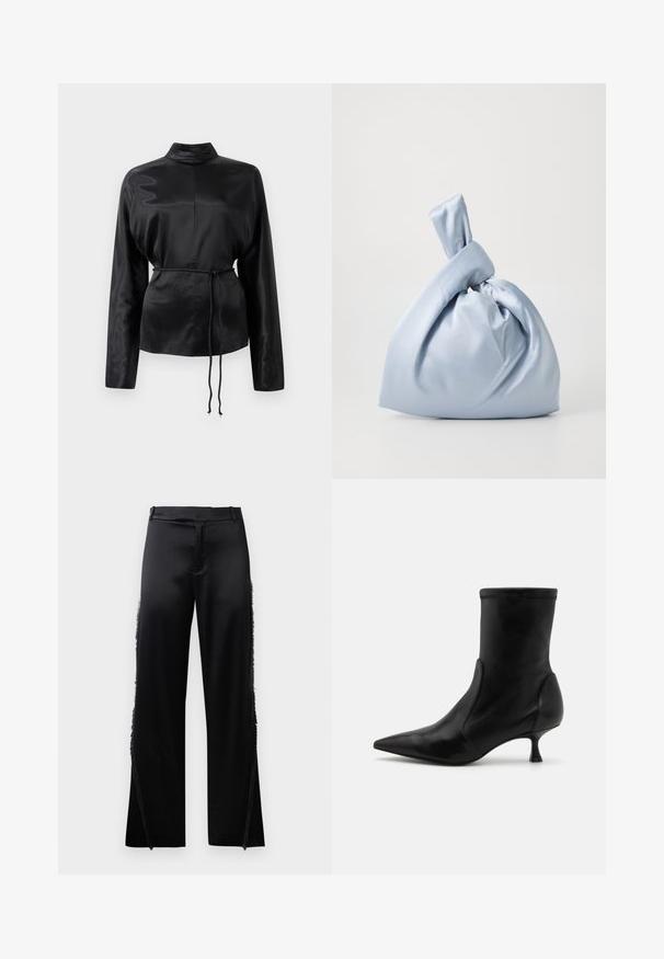 Černá saténová košile s dlouhým rukávem a vysokým límečkem, nařaseným pasem a nastavitelným šňůrkovým detailem. Hladká textura s elegantním povrchem.; Černé saténové kalhoty s širokými nohavicemi, s třásněmi podél bočních švů a plochým pasem. Hladký zadní díl bez kapes.; Černá kožená kotníčková bota s zúženým profilem, elastickým svrškem a krátkým, tenkým podpatkem. Hladká textura a minimalizované švy.; Nanushka JEN - Kabelka - ice blue