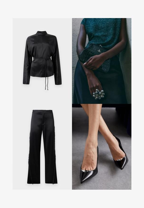 Černá saténová košile s dlouhým rukávem a vysokým límečkem, nařaseným pasem a nastavitelným šňůrkovým detailem. Hladká textura s elegantním povrchem.; Černé saténové kalhoty s širokými nohavicemi, s třásněmi podél bočních švů a plochým pasem. Hladký zadní díl bez kapes.; Černé kožené lodičky na vysokém podpatku s ostrou špičkou a otevřeným designem, které mají dekorační stříbrný akcent. Hladký povrch s lesklým finišem.; Černá kabelka ve tvaru psaníčka s krokodýlím vzorem a stříbrným kováním, držena proti texturovanému šedému pozadí. Vyznačuje se lesklým povrchem.