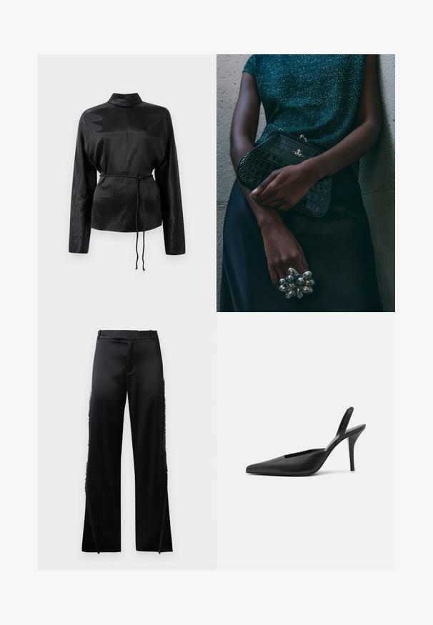 Čierna saténová košeľa s dlhým rukávom, vysokým golierom, zúženým pásom a nastaviteľným šnurovaním. Hladká textura s elegantným povrchom.; Čierne saténové nohavice so širokými nohavicami, s strapcovými detailmi pozdĺž bočných švov a plochým pásom vpredu. Jednoduchý zadok bez vreciek.; Čierne lodičky so slingback detailom a špicatou špičkou, vyrobené z hladkej koženej látky a s elegantným, minimalistickým dizajnom. Vysoký stiletto podpätok.; Čierna clutch kabelka s krokodílovým vzorom a striebornými kovovými prvkami, držaná proti textúrovanému sivému pozadiu. Má lesklý povrch.