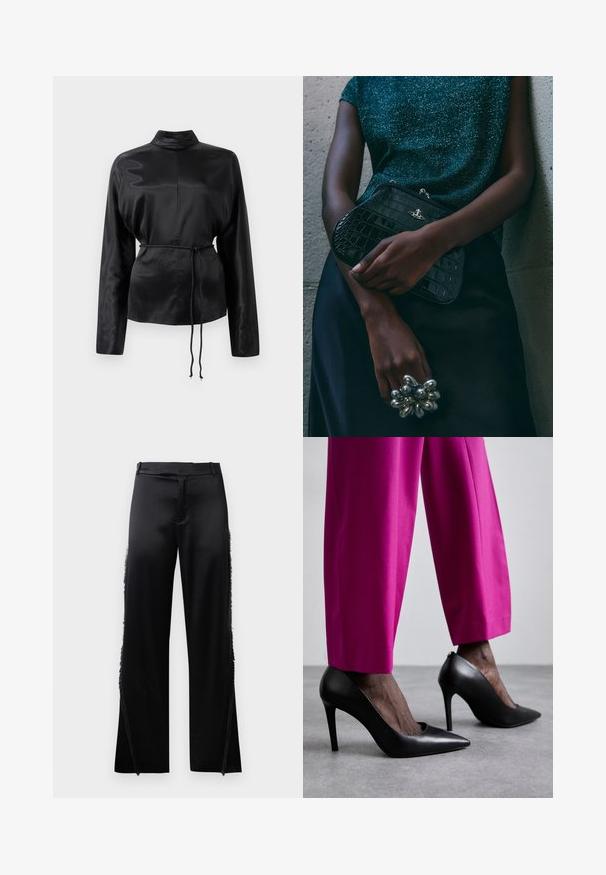 Čierna saténová košeľa s dlhým rukávom, vysokým golierom, zúženým pásom a nastaviteľným šnurovaním. Hladká textura s elegantným povrchom.; Čierne saténové nohavice so širokými nohavicami, s strapcovými detailmi pozdĺž bočných švov a plochým pásom vpredu. Jednoduchý zadok bez vreciek.; Čierne lodičky na vysokom podpätku s dizajnom špicatého prsta a hladkou koženou textúrou. Skombinované s jasne ružovými, strihanými nohavicami.; Čierna clutch kabelka s krokodílovým vzorom a striebornými kovovými prvkami, držaná proti textúrovanému sivému pozadiu. Má lesklý povrch.