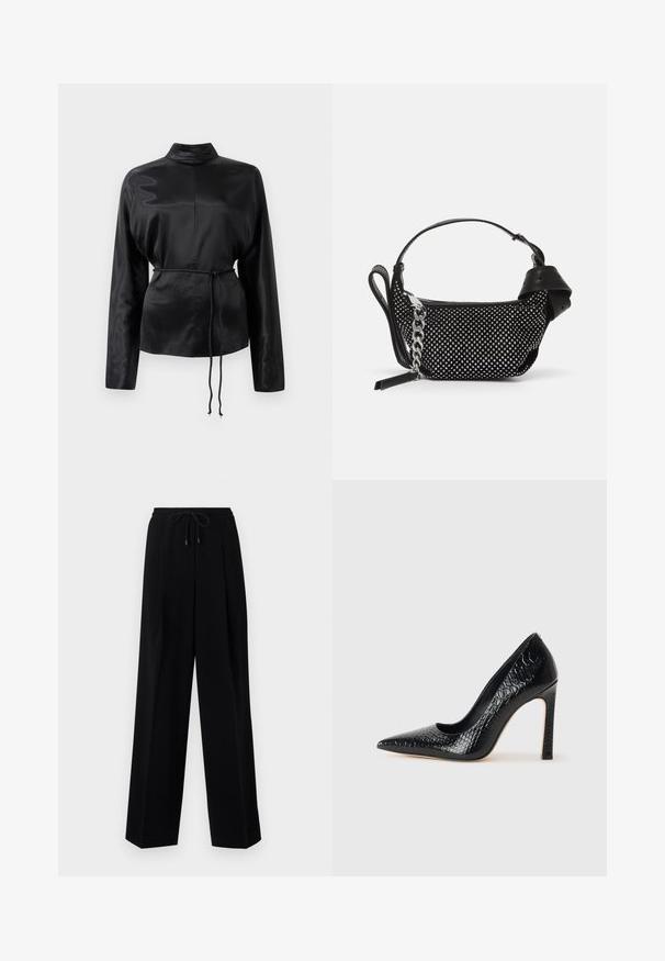 Sort satin langærmet skjorte med høj krave, indsnævret talje og justerbar snoretræksdetalje. Glat tekstur med en elegant finish.; Sorte bukser med en afslappet pasform, plisseret front, elastisk talje og snor. Stoffet virker glat med en let glans.; Sorte spidse tå stiletto-sko i krokodilleskind med et strømlinet design, høj hæl og glat sort inderside.; Sort håndtaske med naglede dekorationer, en kædestrop og et glat læderhåndtag, med en rund form og en lynlåslomme.