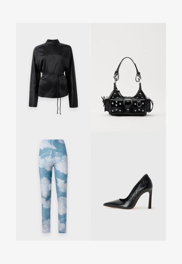 Zwarte satijnen blouse met lange mouwen en een hoge kraag, cinched taille en verstelbaar koorddetail. Glad textuur met een slanke afwerking.; Leggings met een blauwe denim achtergrond en witte wolkenpatronen. De stof lijkt rekbaar met een aansluitend ontwerp en is enkel-lang.; Zwarte puntige hoge hak schoen met een krokodillenleren textuur, met een slank ontwerp, hoge stiletto-hak, en een gladde zwarte binnenkant.; Zwarte lederen handtas met een gebogen ontwerp, voorzien van zilveren studs, een gesp en twee zijvakken. Verstelbare schouderband voor verschillende draagmogelijkheden.