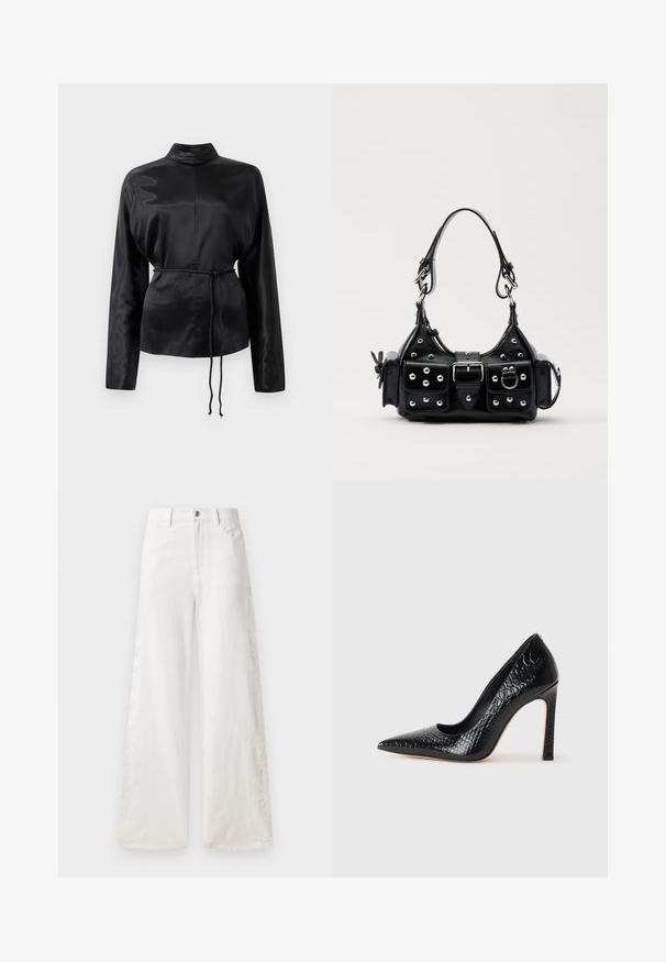 Cămașă lungă cu mânecă lungă din satin negru, cu guler înalt, talie strânsă și detaliu cu șnur reglabil. Textură netedă cu un finisaj elegant.; Jeans largi albi din denim, cu modele brodate pe lateral și design tradițional cu cinci buzunare. Închidere cu fermoar și buton.; Pantofii cu toc înalt, ascuțiți, de culoare neagră, cu textură de piele de crocodil, având un design elegant, toc în stil stiletto și interior neted de culoare neagră.; Geantă de piele neagră cu un design curbat, dotată cu studuri argintii, o cataramă și două buzunare laterale. Curea ajustabilă pentru opțiuni de transport.